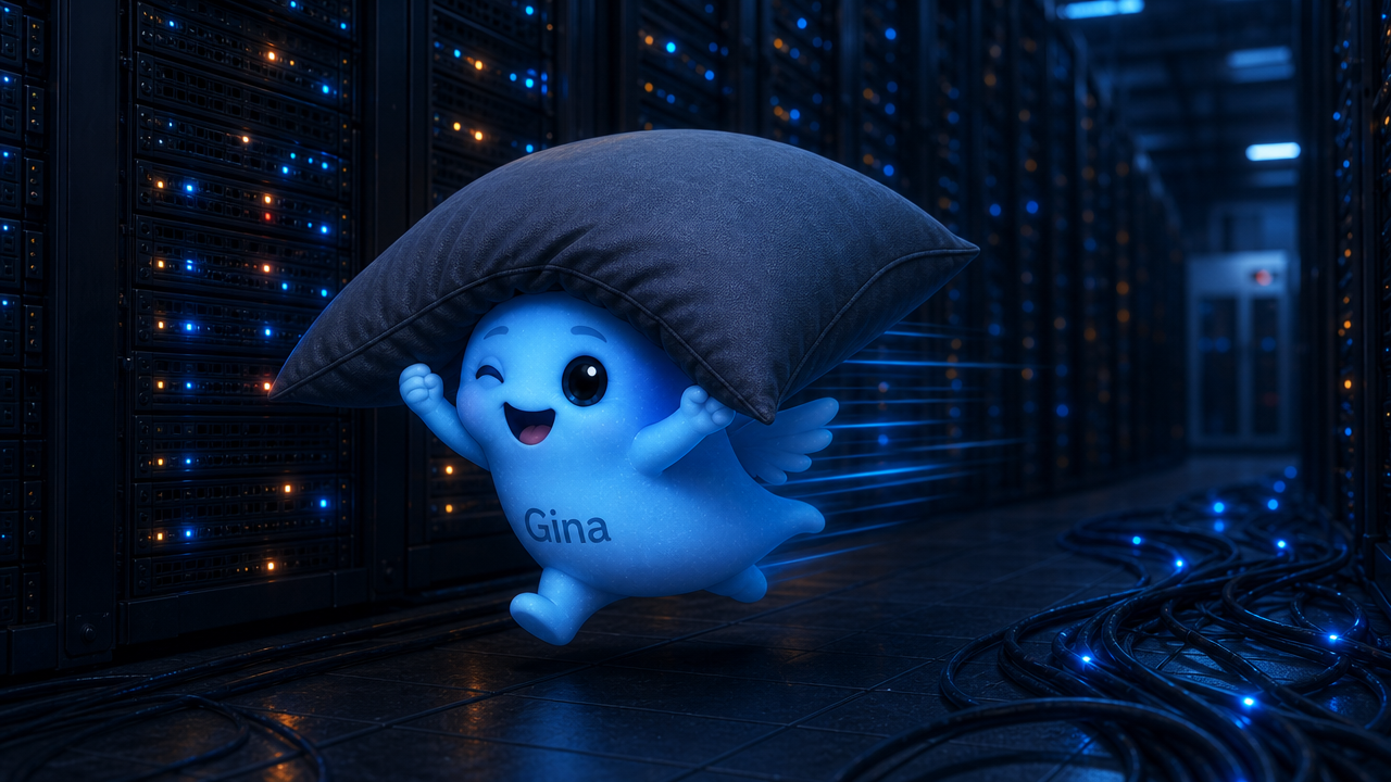 Gina trägt ein großes dunkles Kissen über dem Kopf durch den Serverraum.