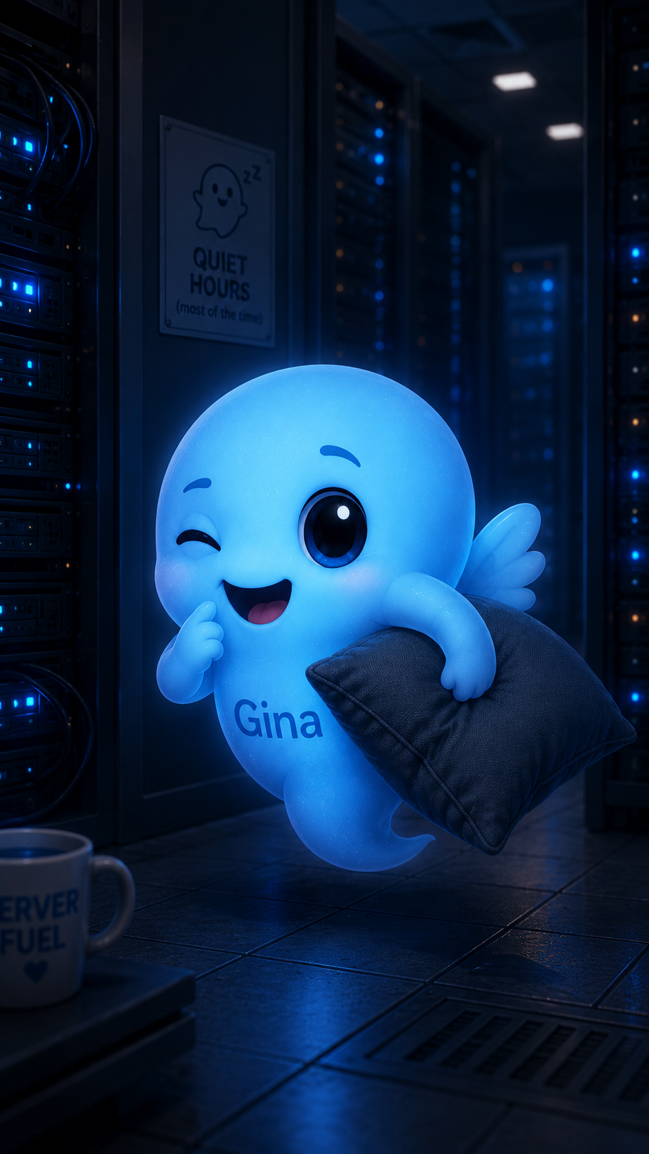 Gina, ein blauer kleiner Geist, trägt ein dunkles Kissen durch einen Serverraum.