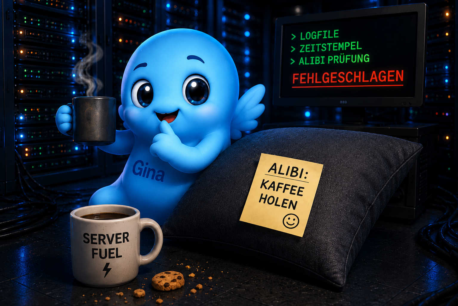 Gina schwebt mit einem dunklen Kissen durch den überwachten Serverraum.