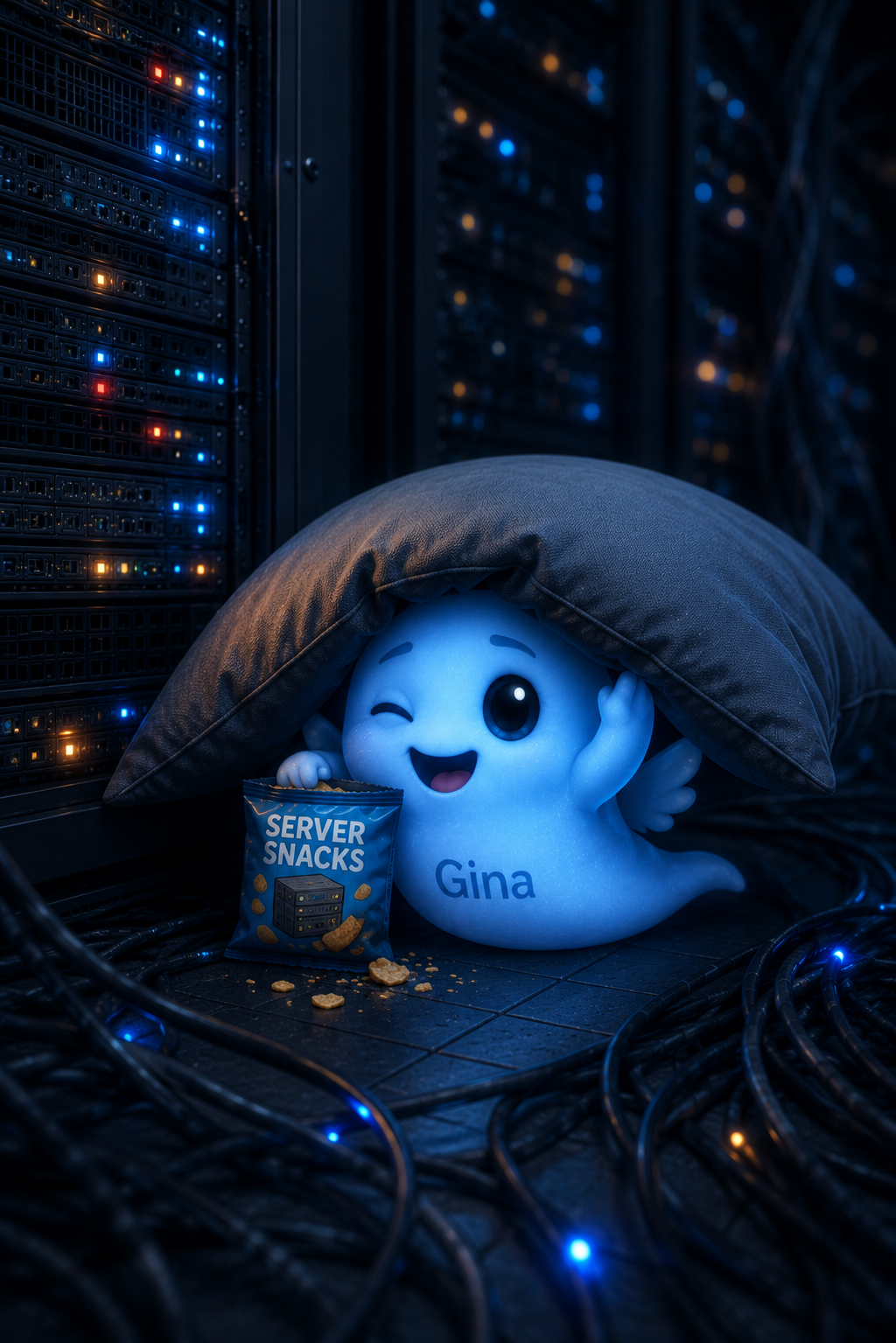 Gina sitzt im Serverraum mit Server-Snacks.